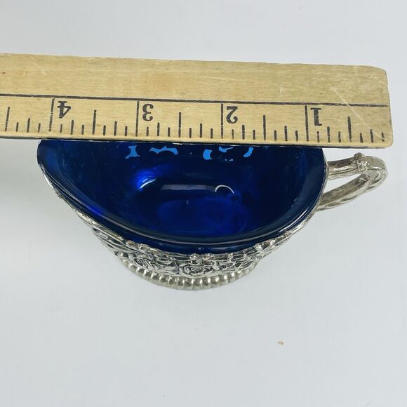 Antique Silver Plated Rose Floral Design Cobalt Blue Lined Sugar And Creamer Set - Picture 4 of 16